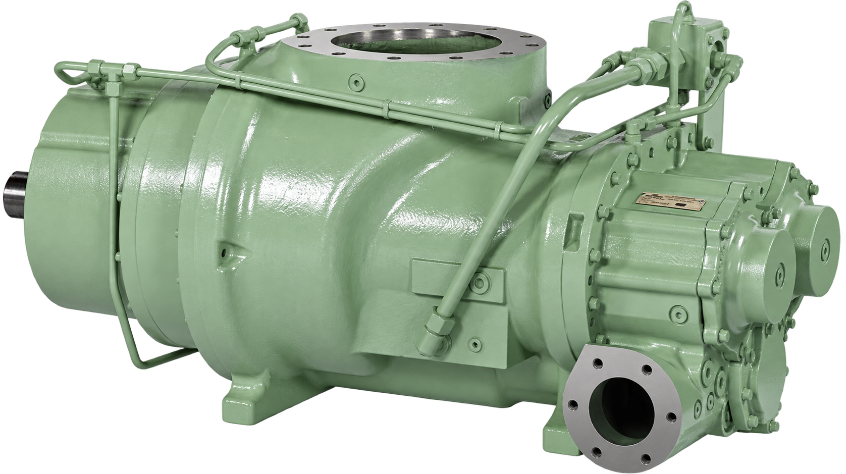 Green industrial component with pipework and flanged connections
