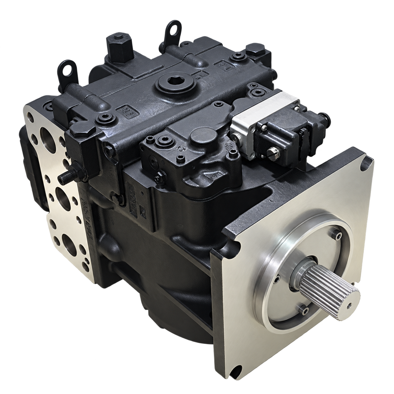 Black hydraulic pump with silver mounting flange and splined shaft
