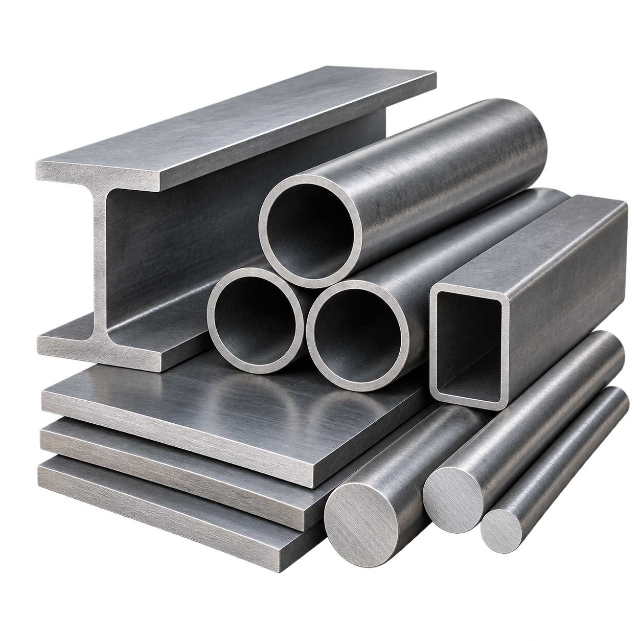 Steel beam, tubes, plates and round bars