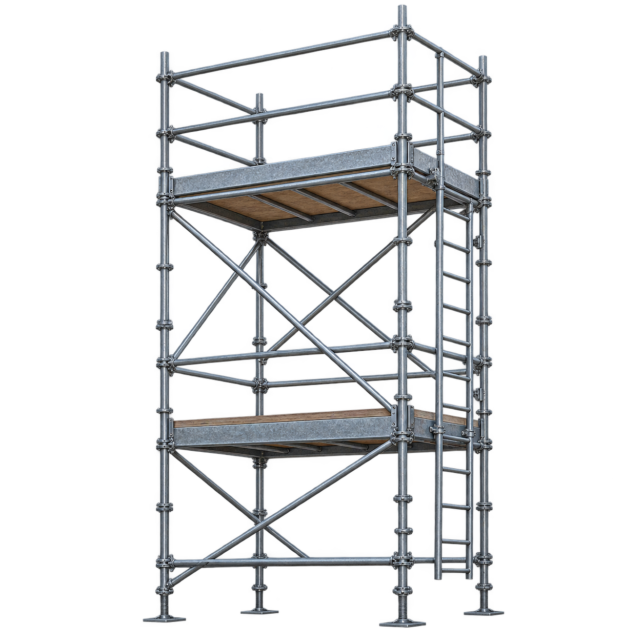 Modular steel scaffolding tower with platforms, guardrails and access ladder